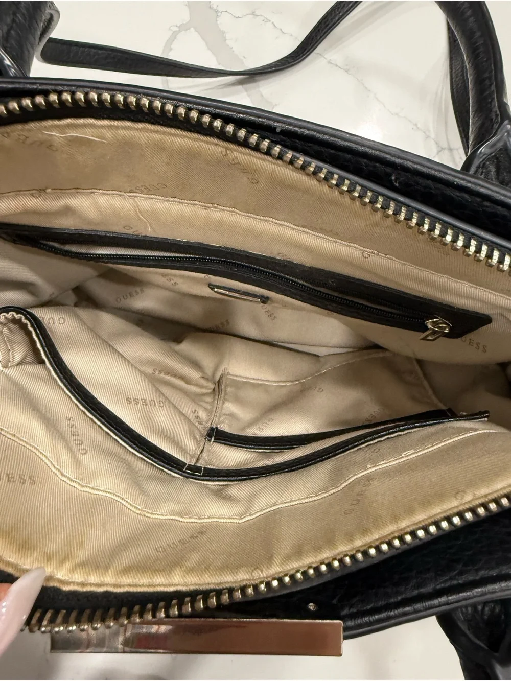 GUESS Black Textured Leather Satchel with Silver Tag